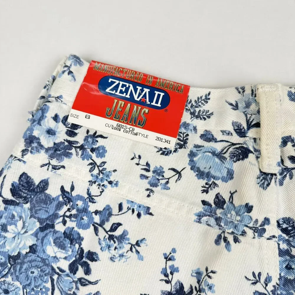 Vintage Zena II Floral Print White Denim Shorts Made in USA High Rise Size 8 NWT - Picture 6 of 14